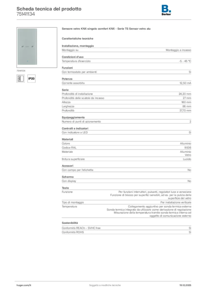 Immagine Berker Scheda tecnica del prodotto 75141134 | Hager Italia