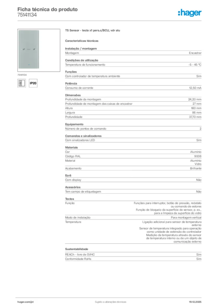 Imagem Hager Ficha técnica do produto 75141134 | Hager Portugal