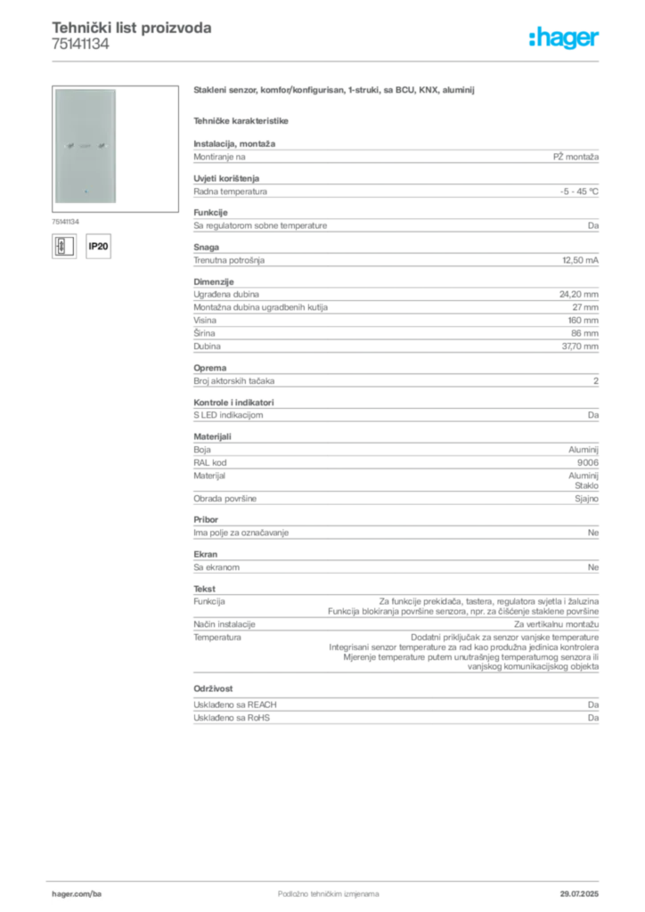 Slika Hager Product data sheet 75141134  | Hager