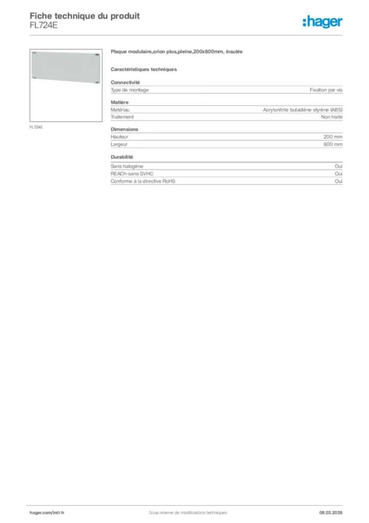 Image Hager Fiche technique du produit FL724E | Hager Afrique