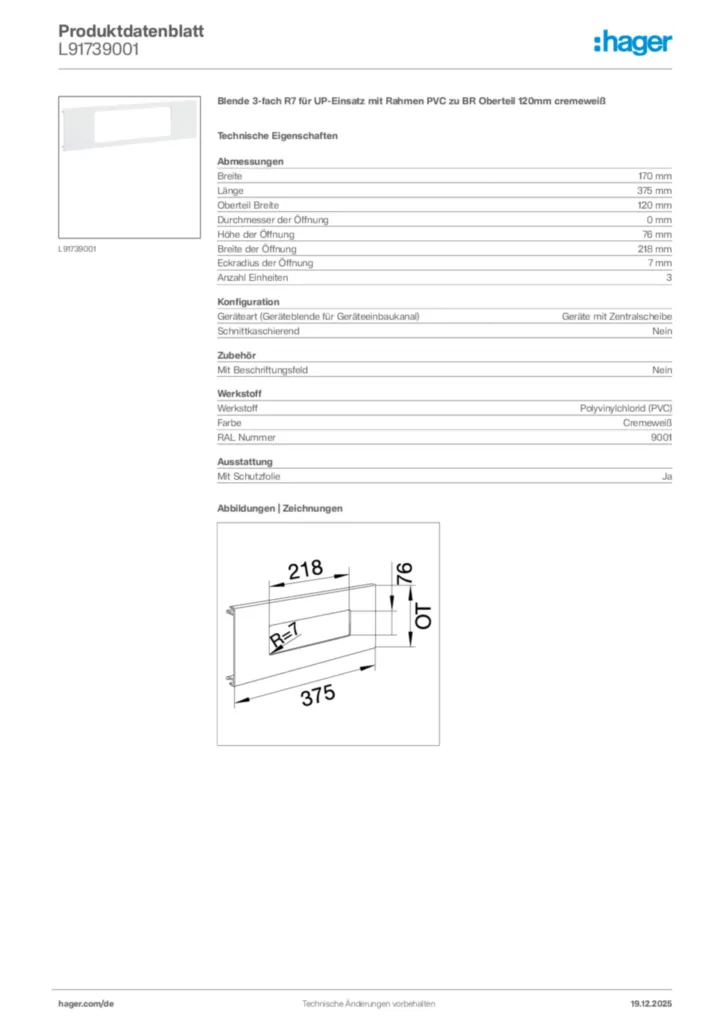 Bild Hager Produktdatenblatt L91739001 | Hager Deutschland
