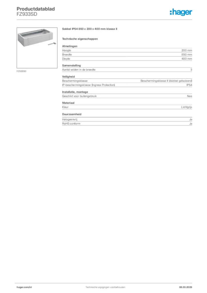 Afbeelding Hager Productdatablad FZ933SD | Hager Nederland