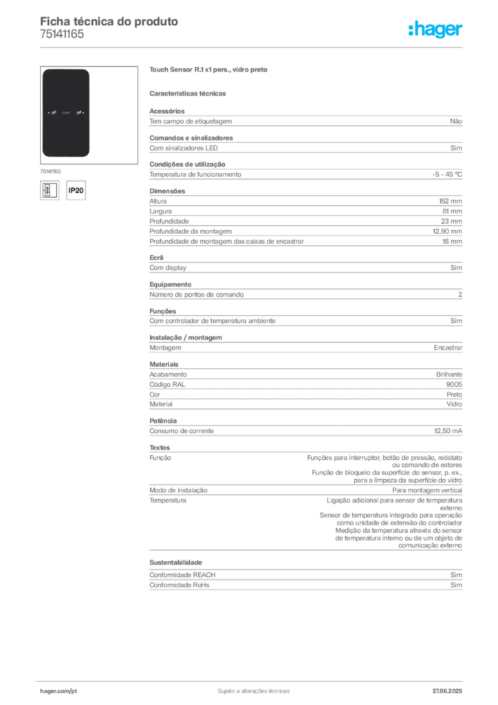 Imagem Hager Ficha técnica do produto 75141165 | Hager Portugal