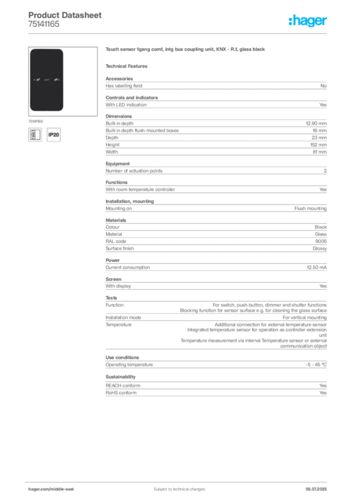 Image Hager Product data sheet 75141165  | Hager