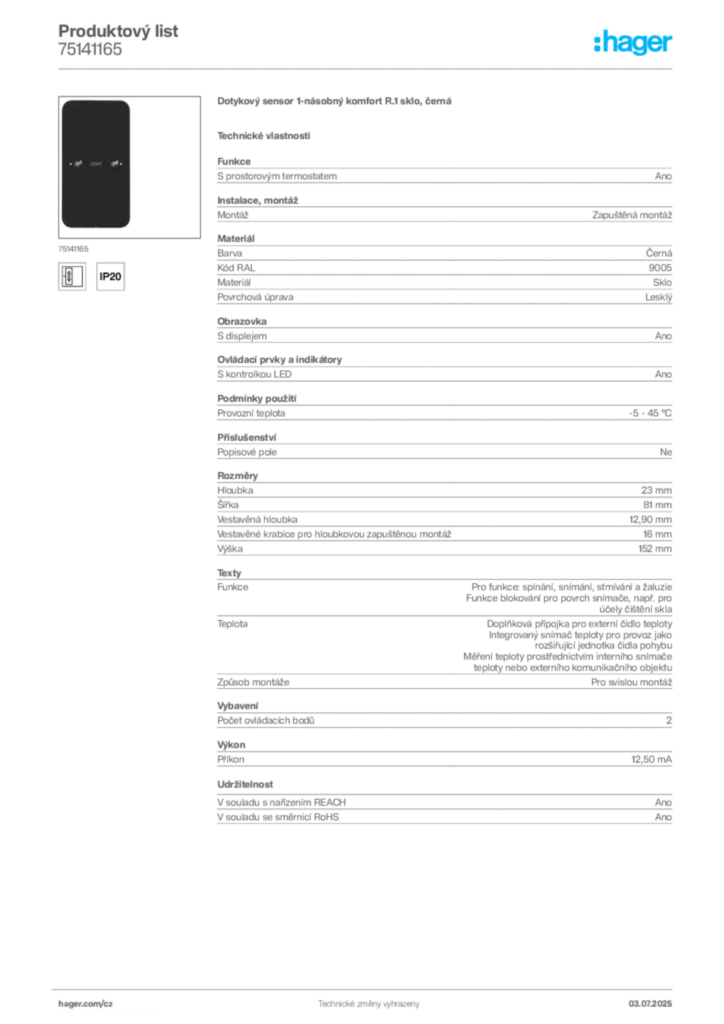 Obrázek Hager Produktový list 75141165 | Hager