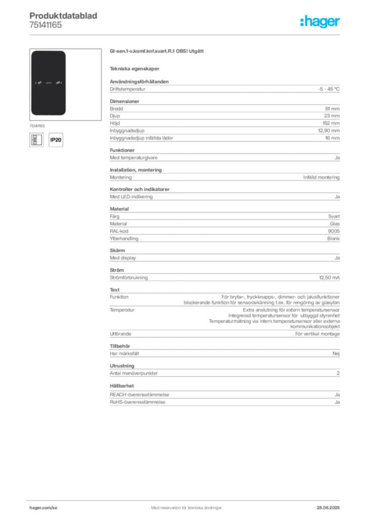 Bild Hager Produktdatablad 75141165 | Hager Sverige