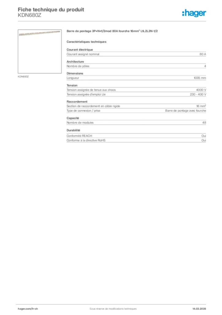 Image Hager Fiche technique du produit KDN680Z | Hager Suisse