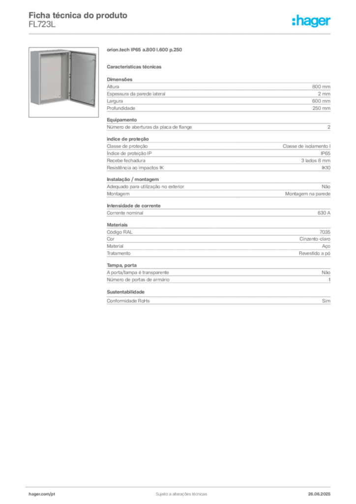 Imagem Hager Ficha técnica do produto FL723L | Hager Portugal