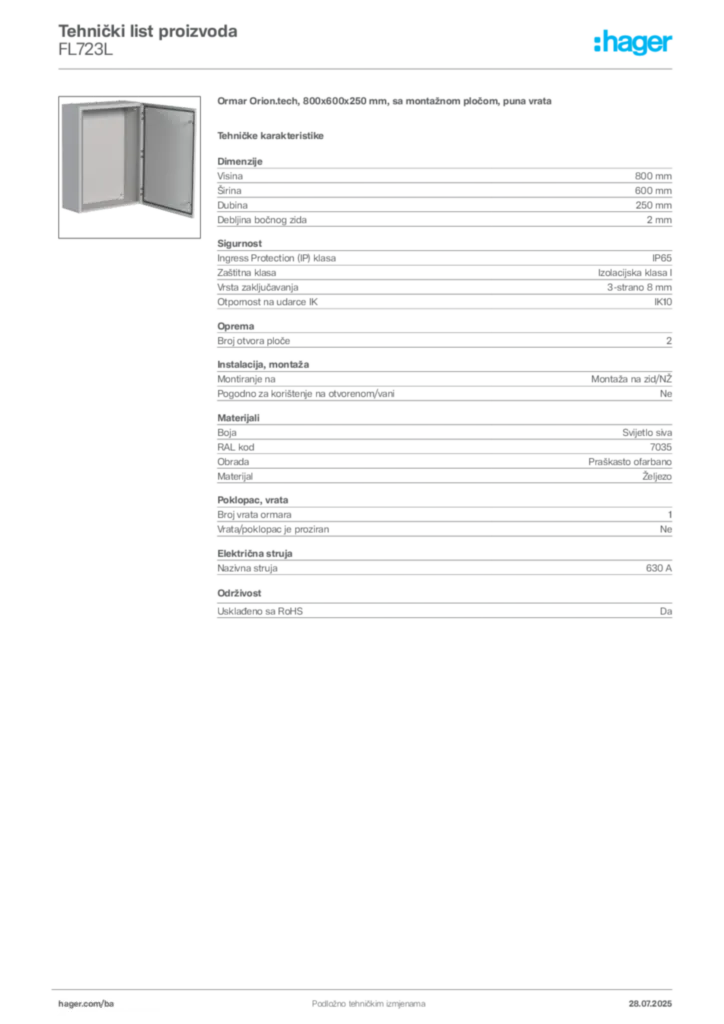 Slika Hager Product data sheet FL723L  | Hager