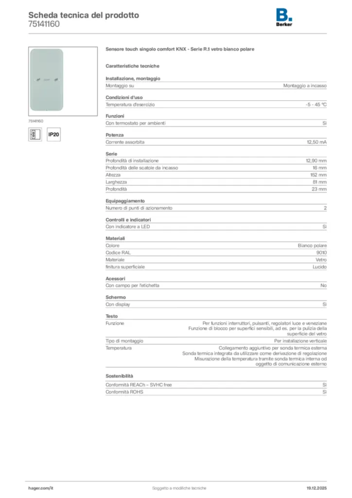 Immagine Berker Scheda tecnica del prodotto 75141160 | Hager Italia