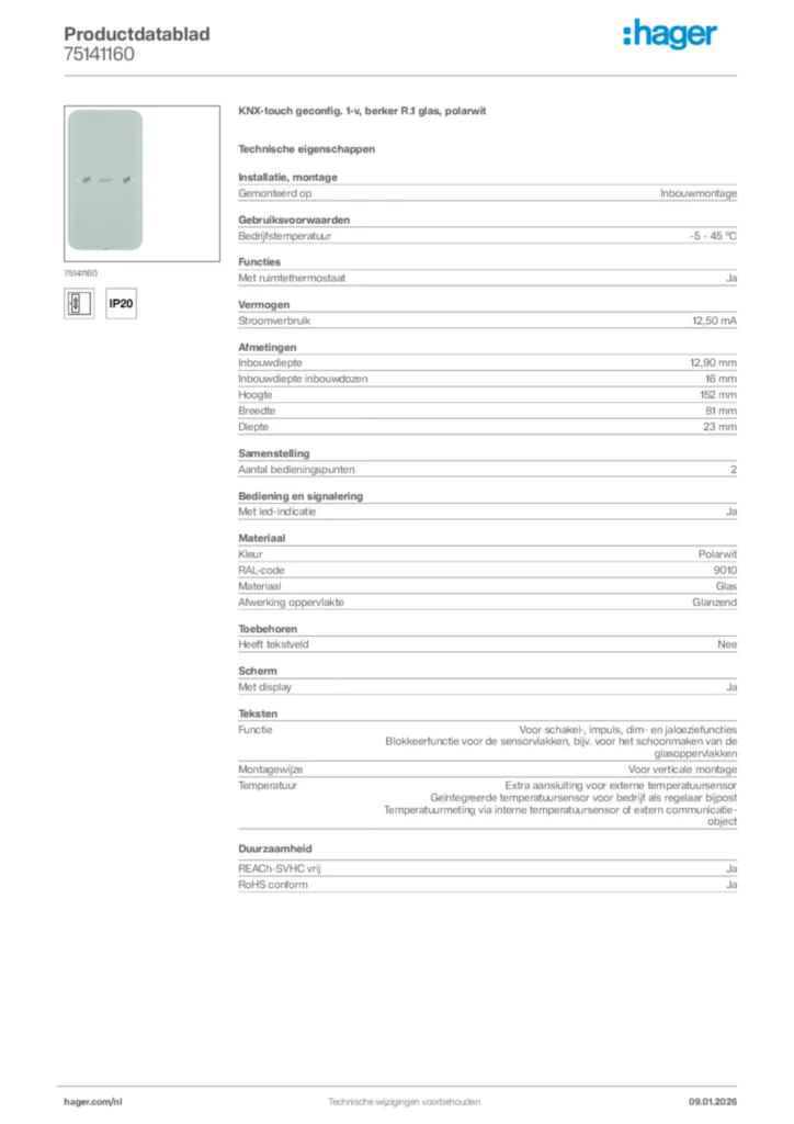 Afbeelding Hager Productdatablad 75141160 | Hager Nederland