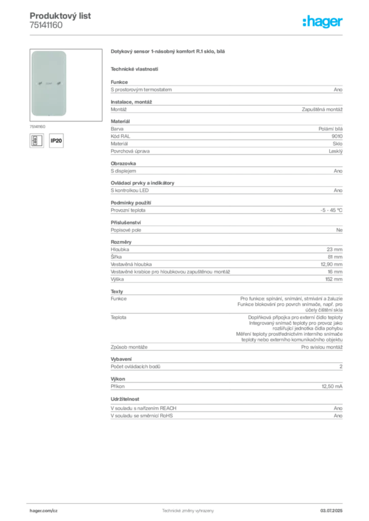 Obrázek Hager Produktový list 75141160 | Hager