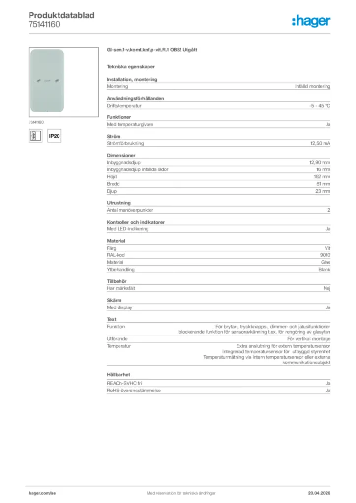 Bild Hager Produktdatablad 75141160 | Hager Sverige