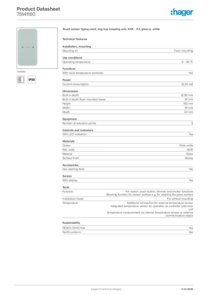 Image Hager Product data sheet 75141160  | Hager