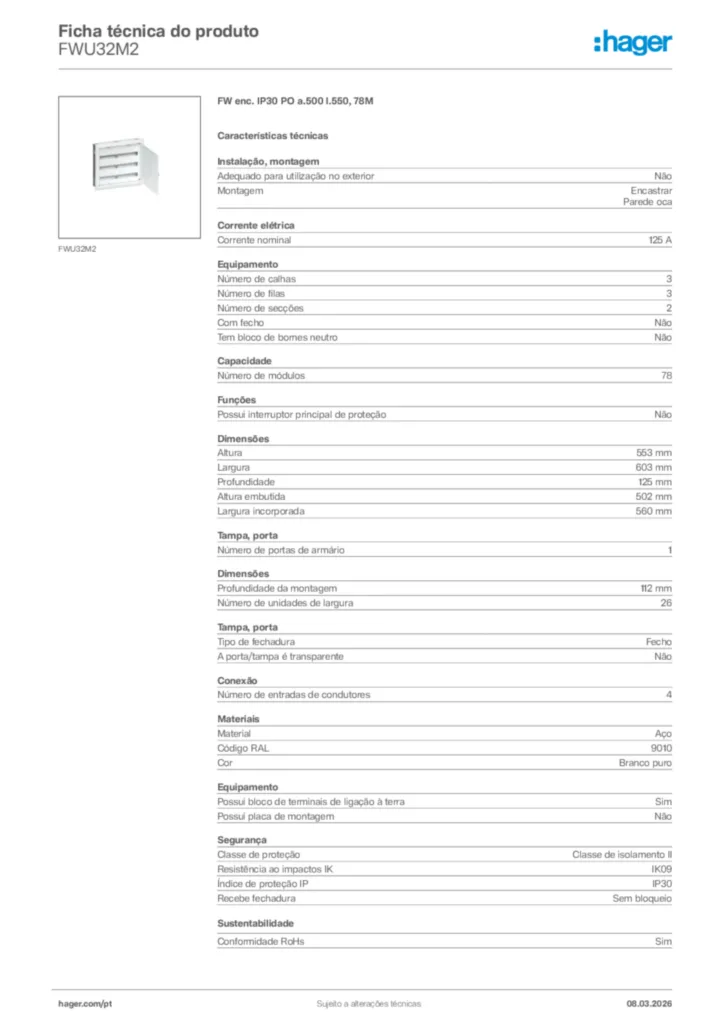 Imagem Hager Ficha técnica do produto FWU32M2 | Hager Portugal