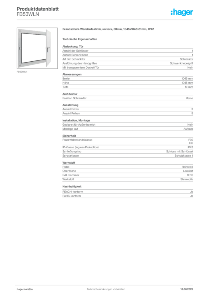 Hager Produktdatenblatt FB53WLN
