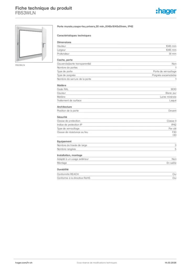 Image Hager Fiche technique du produit FB53WLN | Hager Suisse