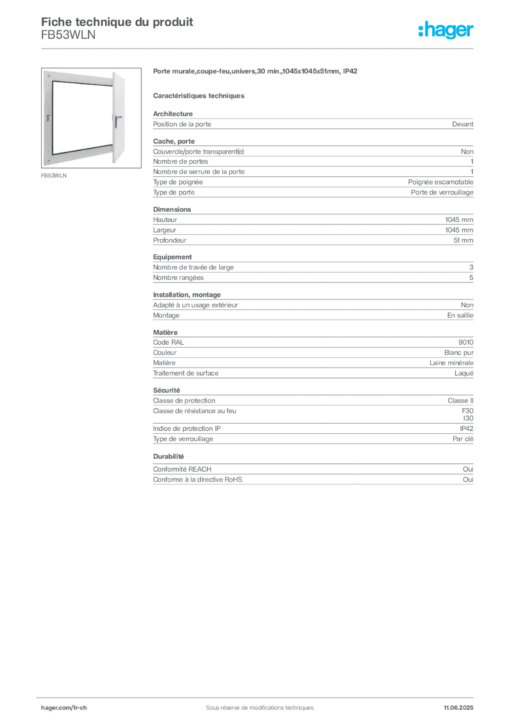 Image Hager Fiche technique du produit FB53WLN | Hager Suisse