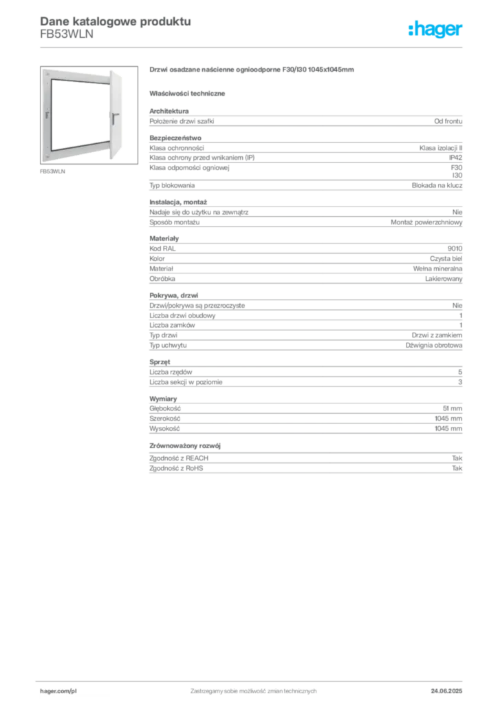 Zdjęcie Hager Karta katalogowa FB53WLN | Hager Polska
