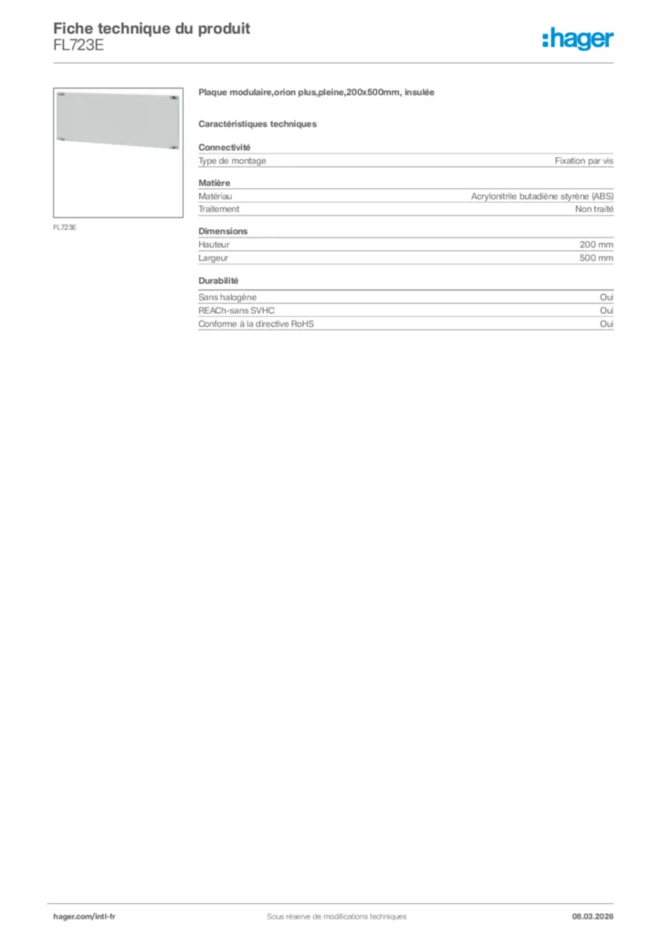 Image Hager Fiche technique du produit FL723E | Hager Afrique