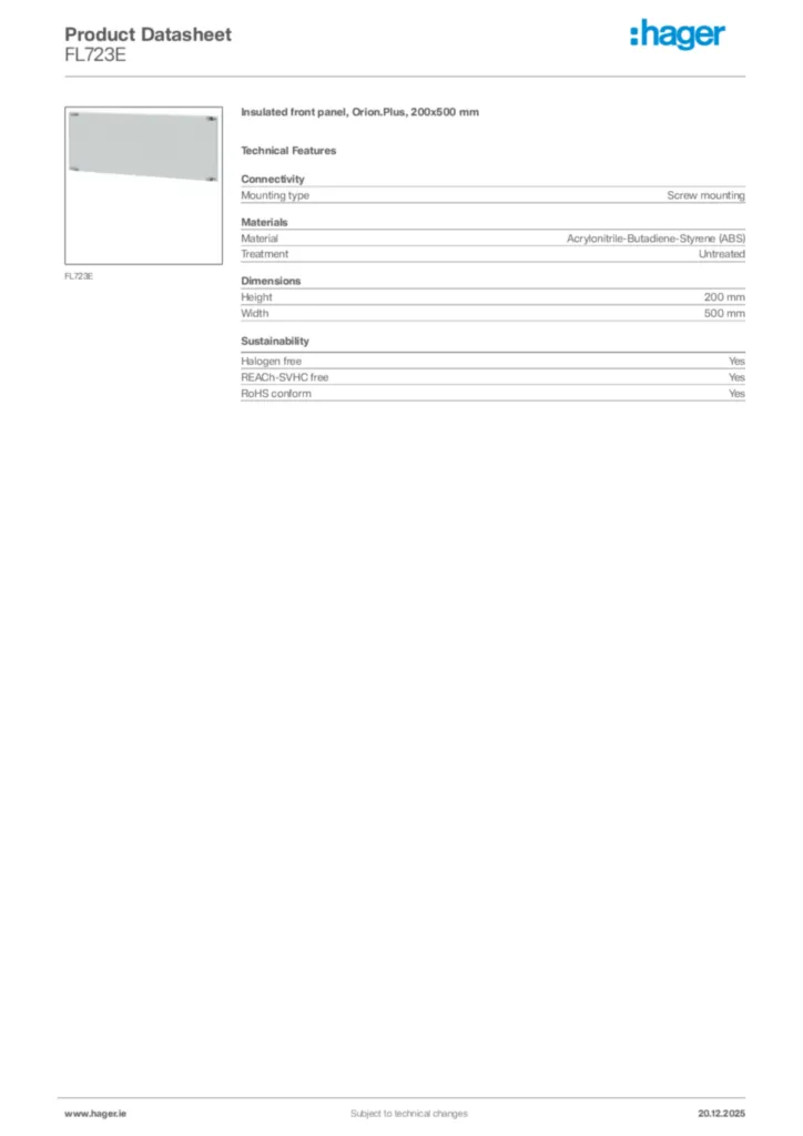Image Hager Product data sheet FL723E  | Hager