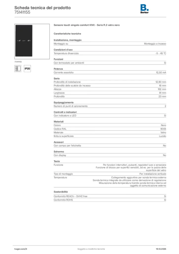 Immagine Berker Scheda tecnica del prodotto 75141155 | Hager Italia