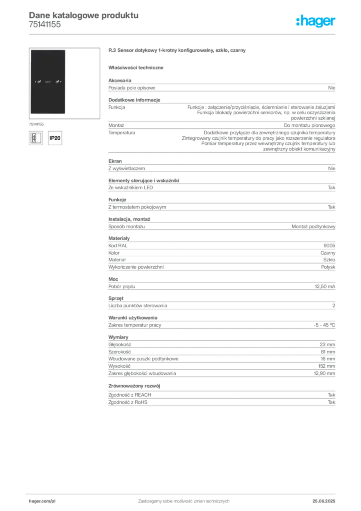 Zdjęcie Hager Karta katalogowa 75141155 | Hager Polska