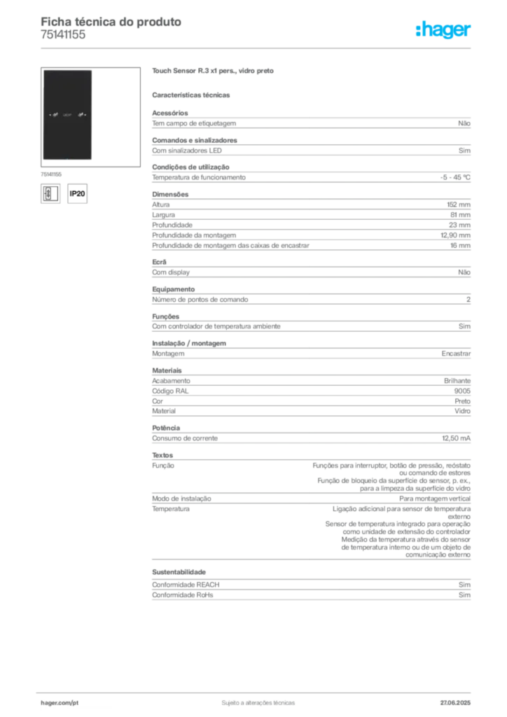 Imagem Hager Ficha técnica do produto 75141155 | Hager Portugal
