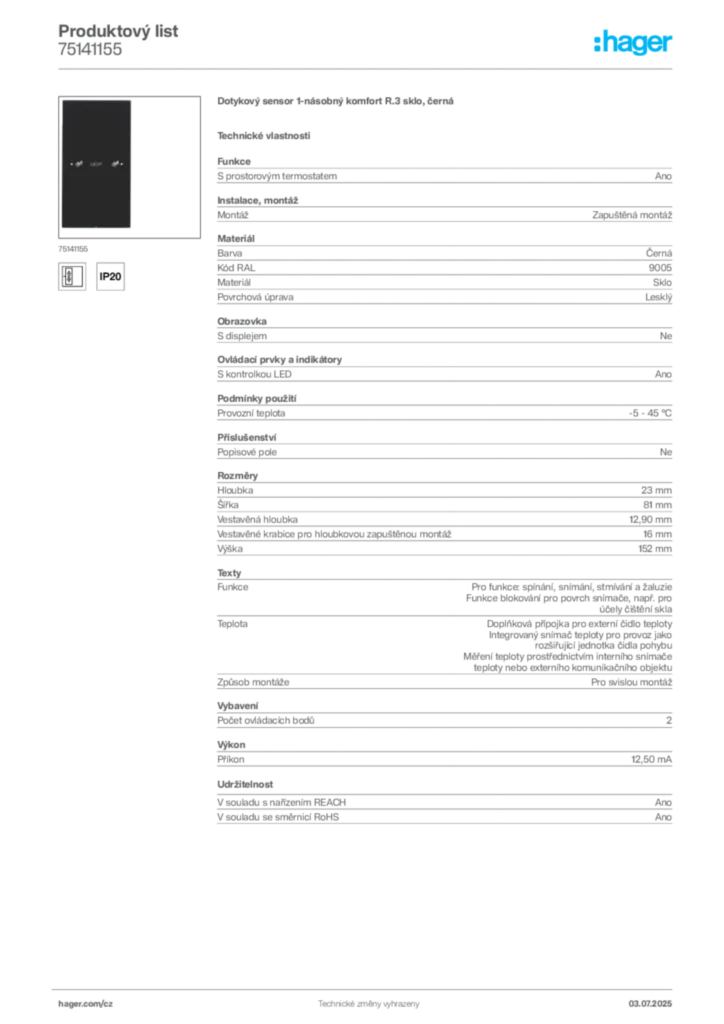 Obrázek Hager Produktový list 75141155 | Hager