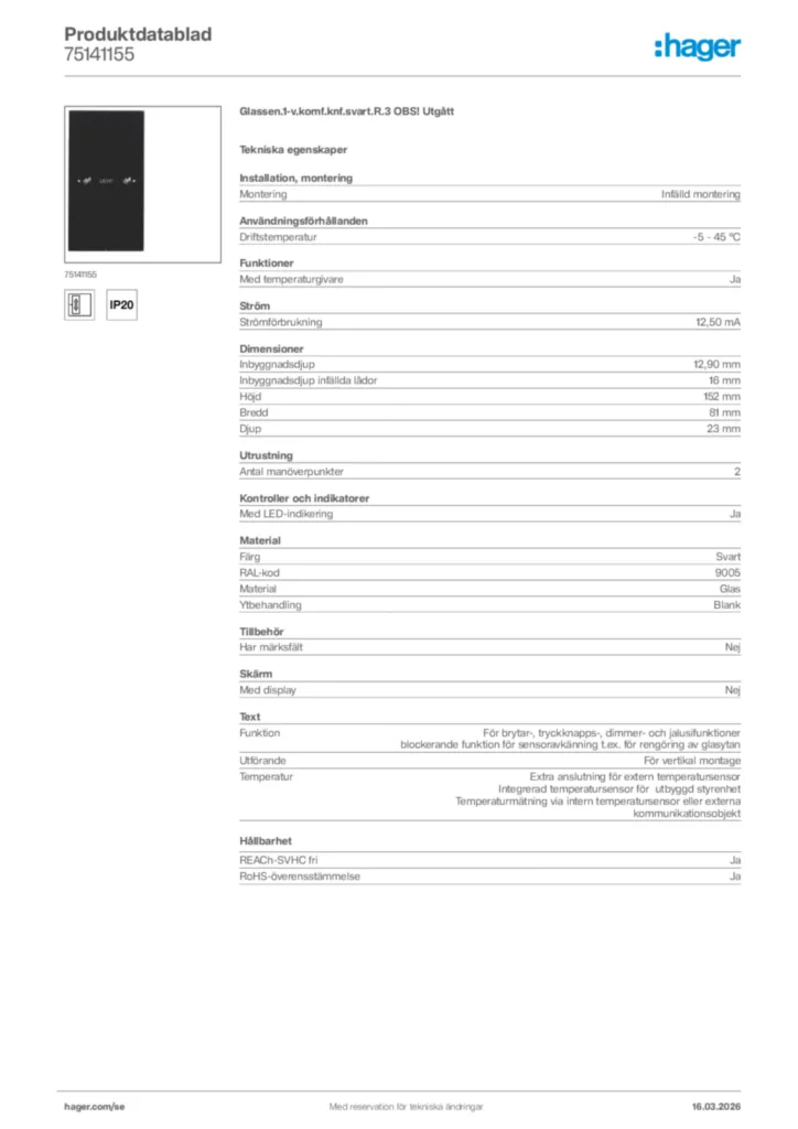 Bild Hager Produktdatablad 75141155 | Hager Sverige