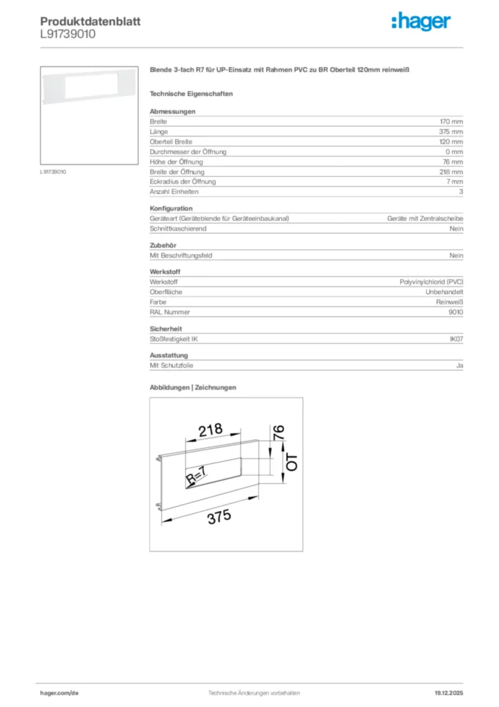 Bild Hager Produktdatenblatt L91739010 | Hager Deutschland