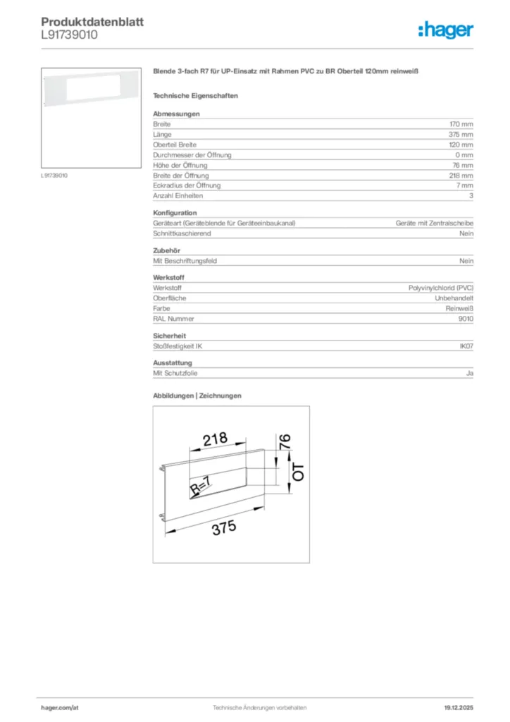 Bild Hager Produktdatenblatt L91739010 | Hager Deutschland