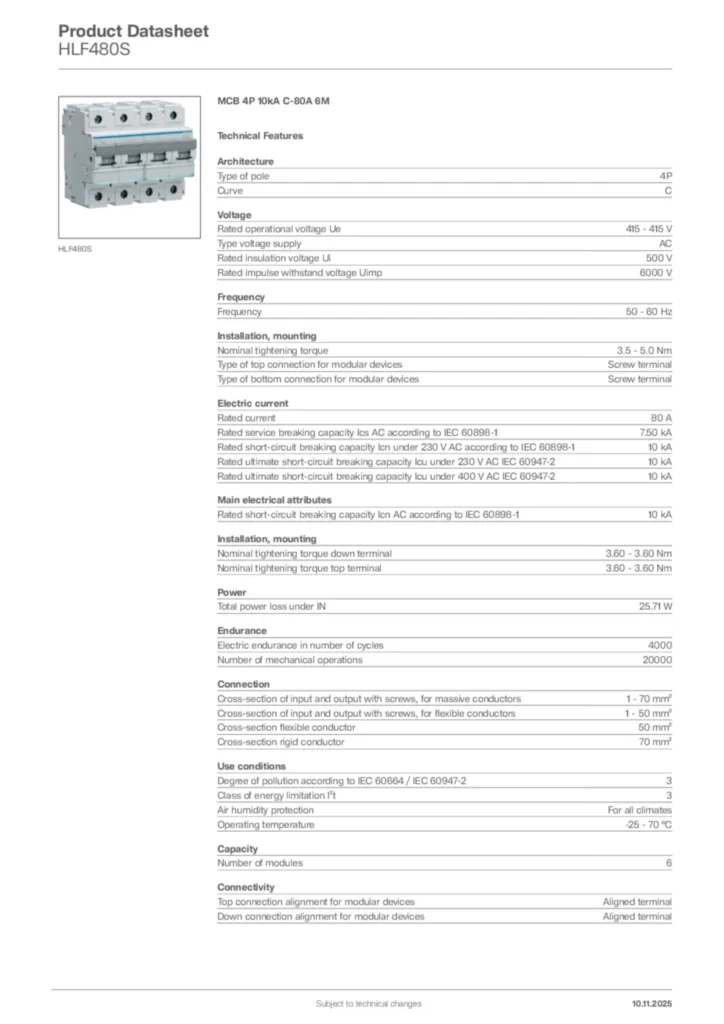 Image Hager Product data sheet HLF480S  | Hager Africa