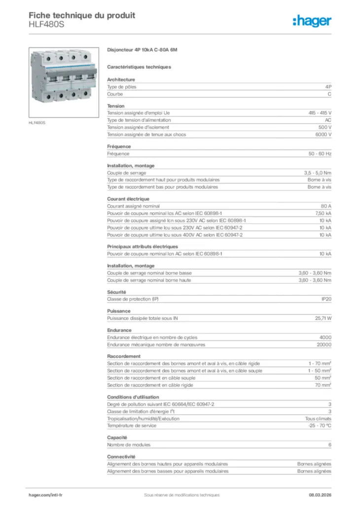 Image Hager Fiche technique du produit HLF480S | Hager Afrique