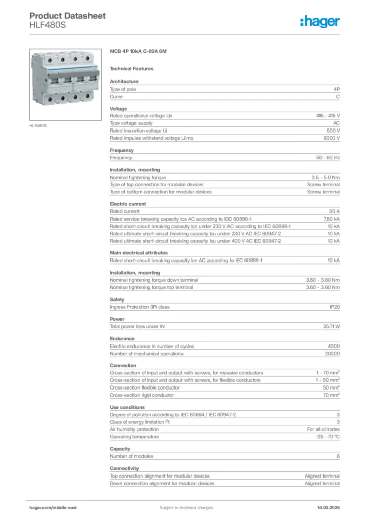 Image Hager Product data sheet HLF480S  | Hager