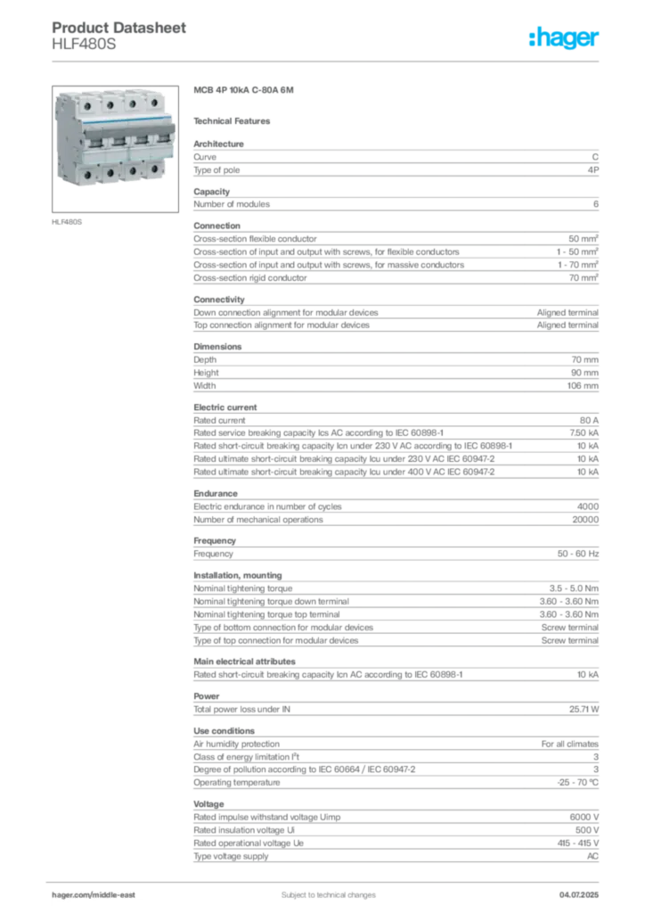 Image Hager Product data sheet HLF480S  | Hager