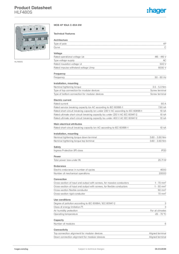Image Hager Product data sheet HLF480S  | Hager