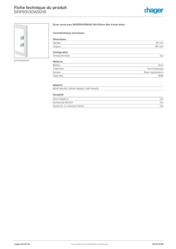 Image Hager Fiche technique du produit BRP65130W9016 | Hager Belgique