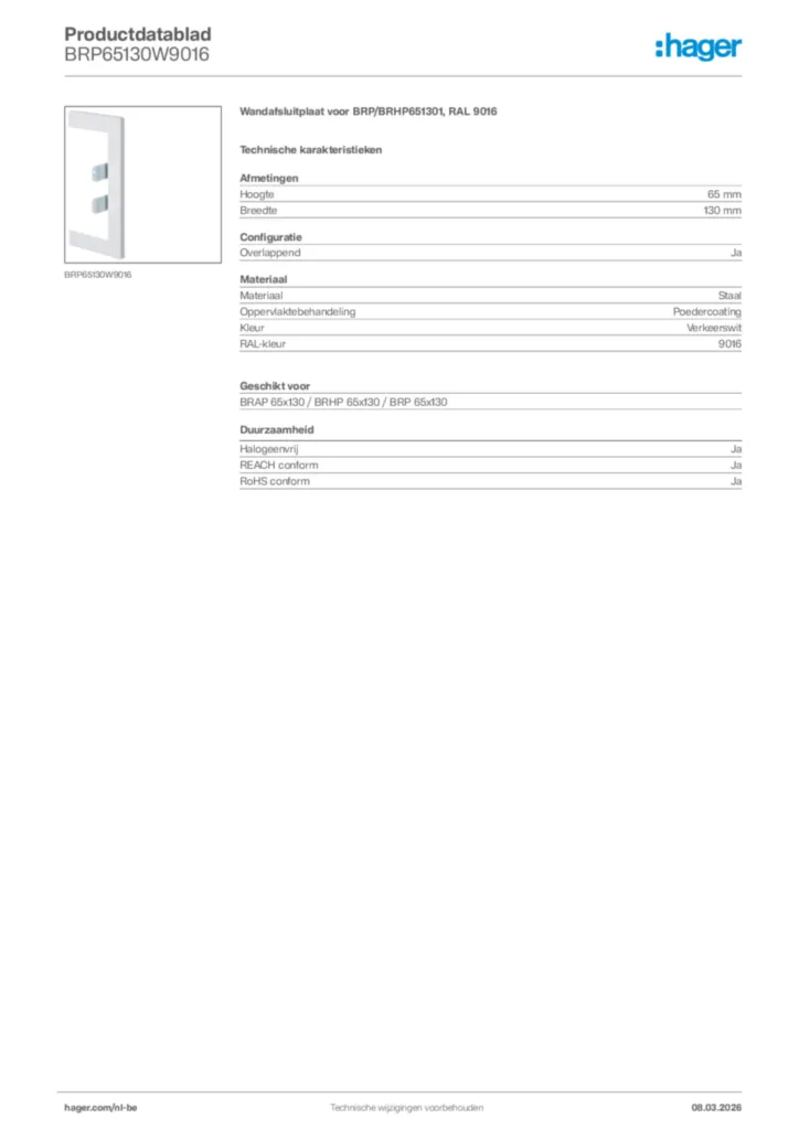 Afbeelding Hager Productdatablad BRP65130W9016 | Hager Belgium