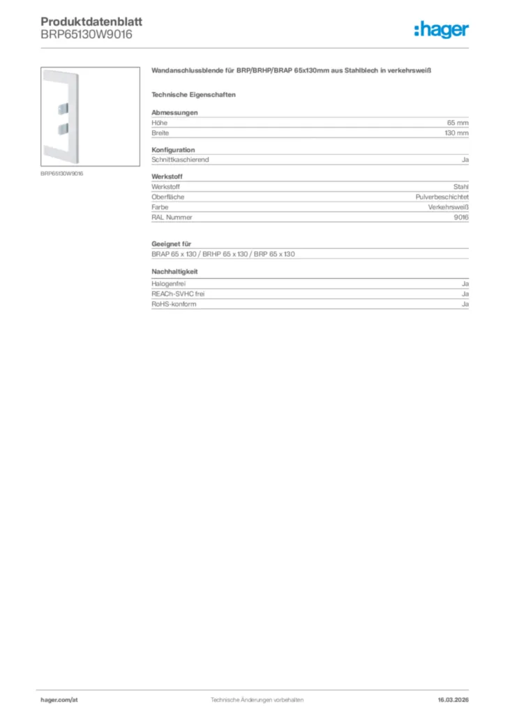 Bild Hager Produktdatenblatt BRP65130W9016 | Hager Deutschland