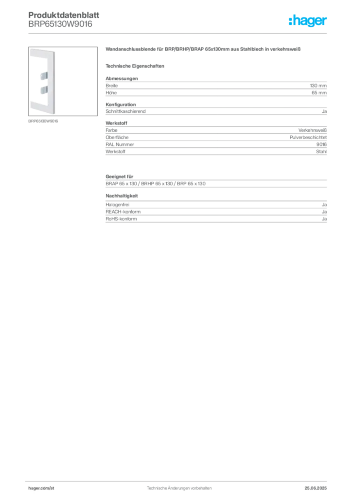 Bild Hager Produktdatenblatt BRP65130W9016 | Hager Deutschland