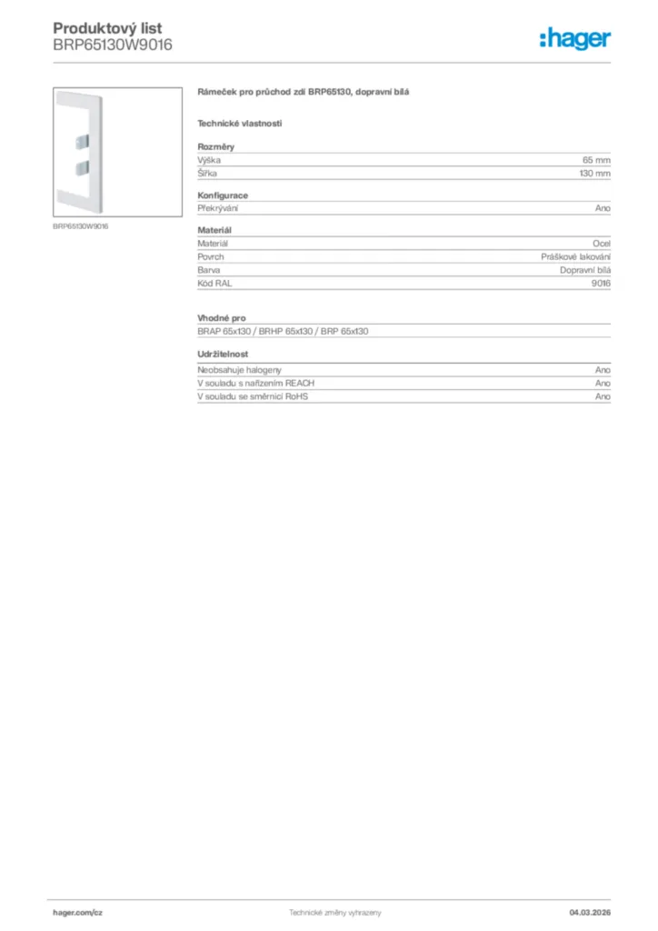 Obrázek Hager Product data sheet BRP65130W9016 | Hager