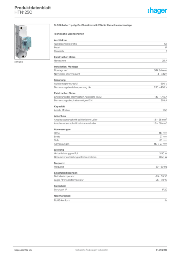 Bild Hager Produktdatenblatt HTN125C | Hager Schweiz