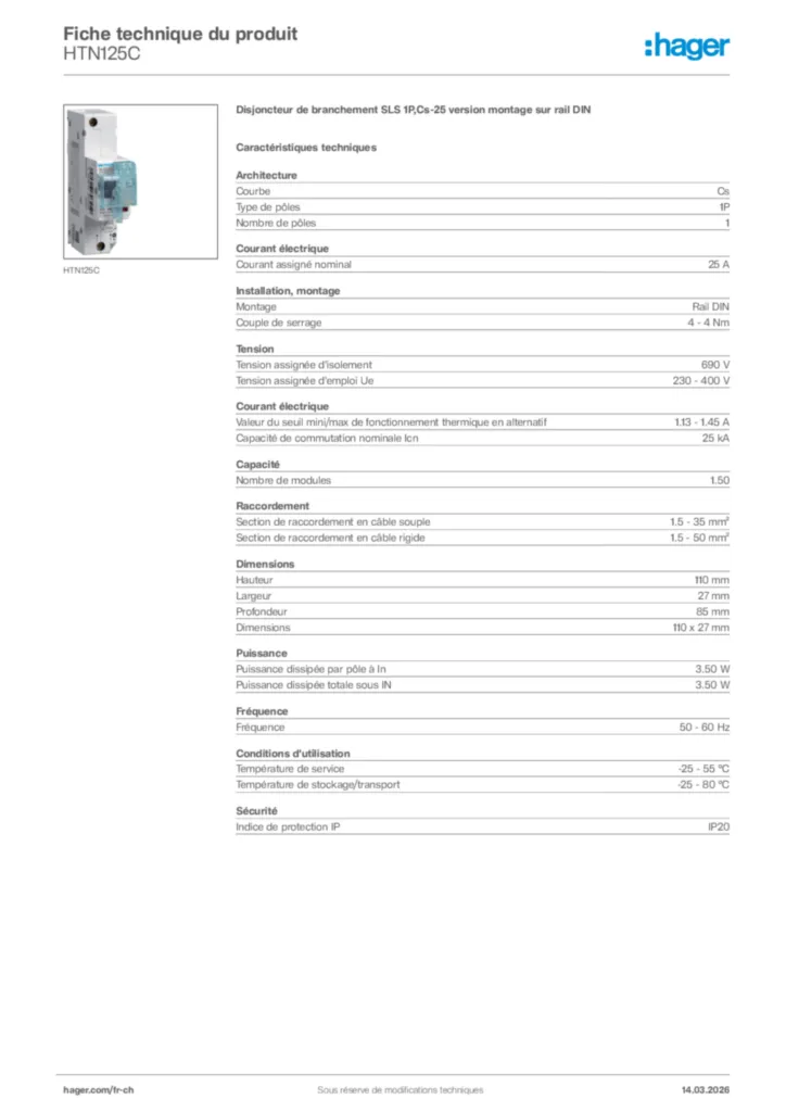 Image Hager Fiche technique du produit HTN125C | Hager Suisse