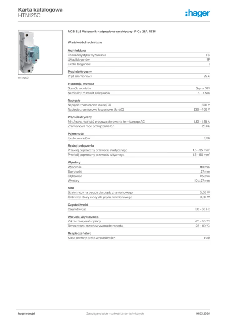 Zdjęcie Hager Karta katalogowa HTN125C | Hager Polska