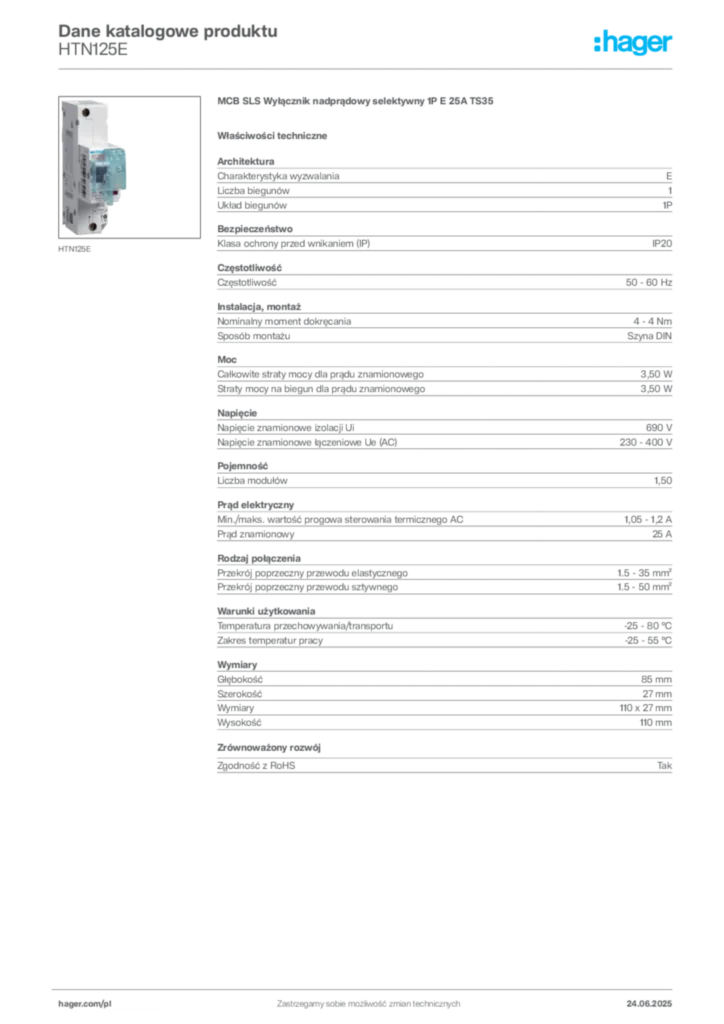 Zdjęcie Hager Karta katalogowa HTN125E | Hager Polska