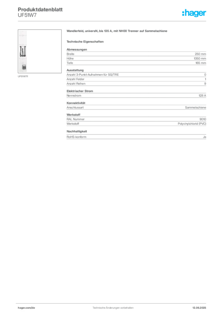 Bild Hager Produktdatenblatt UF51W7 | Hager Deutschland