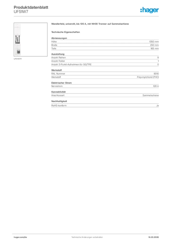 Bild Hager Produktdatenblatt UF51W7 | Hager Deutschland