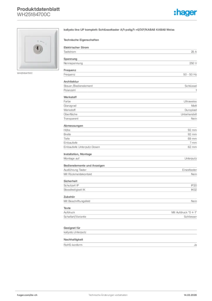Bild Hager Produktdatenblatt WH25184700C | Hager Schweiz