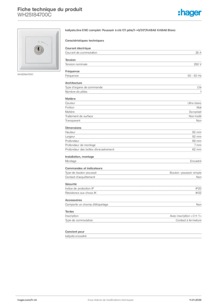 Image Hager Fiche technique du produit WH25184700C | Hager Suisse